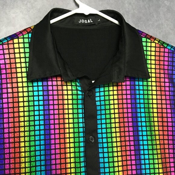 Jogal Mens Shimmer Rainbow Shirt size Large Button Up Short Sleeve Sequence - Picture 3 of 11